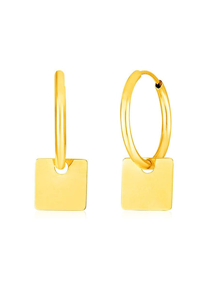 14k Yellow Gold Huggie Style Hoop Earrings with Square Drops - Ellie Belle