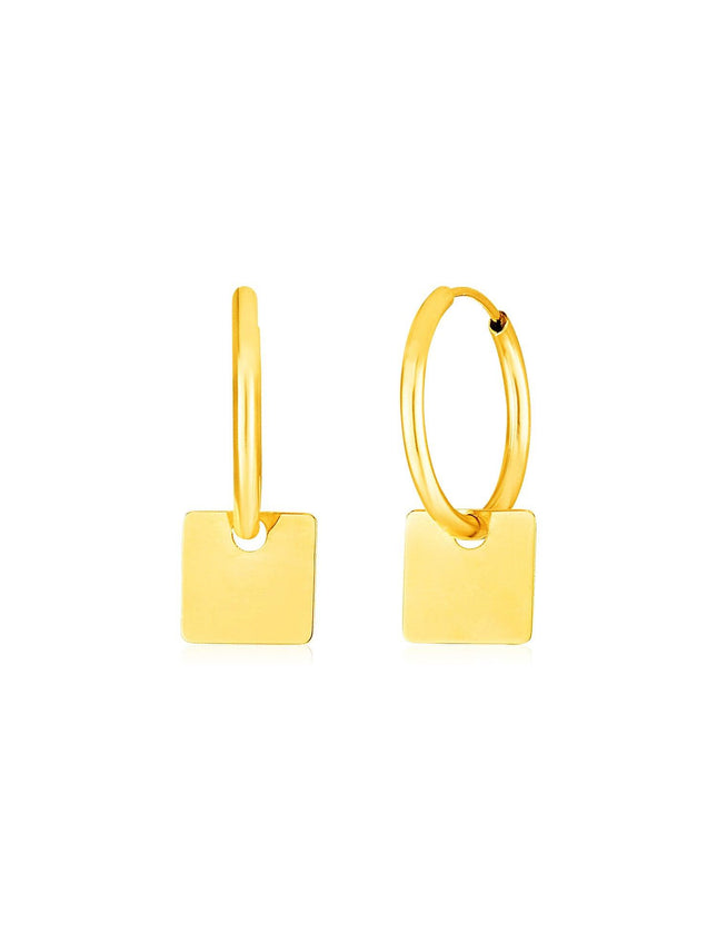 14k Yellow Gold Huggie Style Hoop Earrings with Square Drops - Ellie Belle