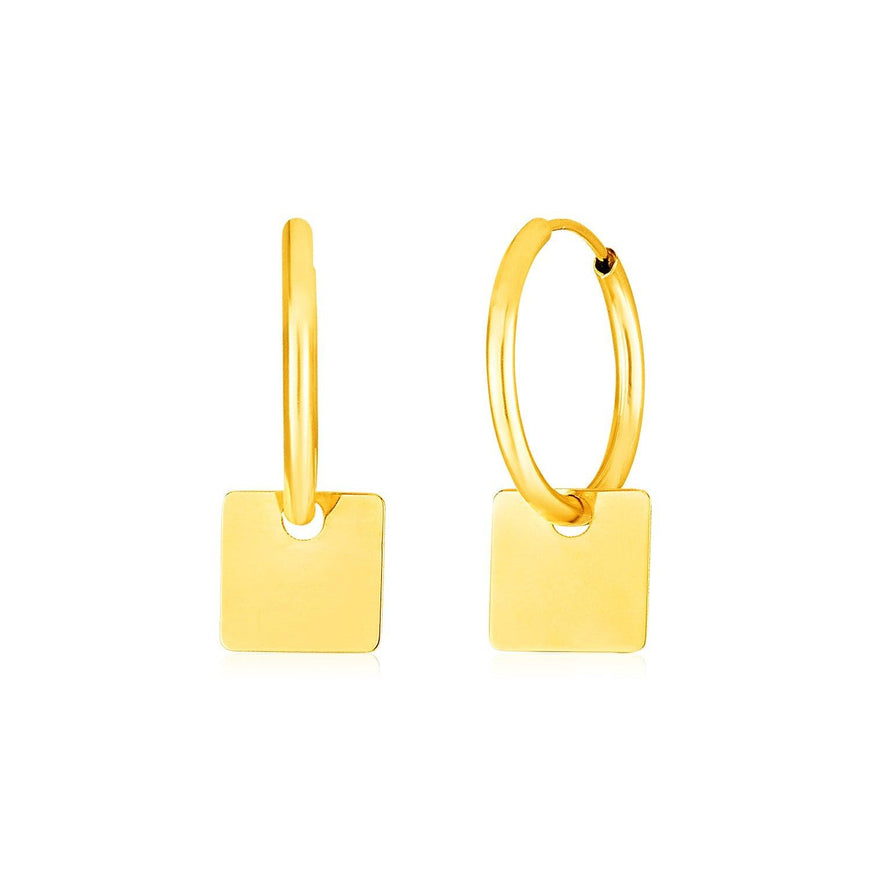 14k Yellow Gold Huggie Style Hoop Earrings with Square Drops - Ellie Belle