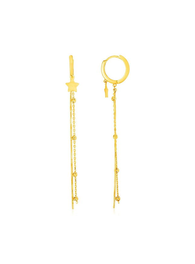 14k Yellow Gold Huggie Style Hoop Earrings with Star and Long Chain Drops - Ellie Belle