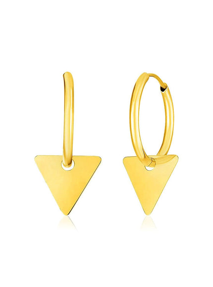 14k Yellow Gold Huggie Style Hoop Earrings with Triangle Drops - Ellie Belle