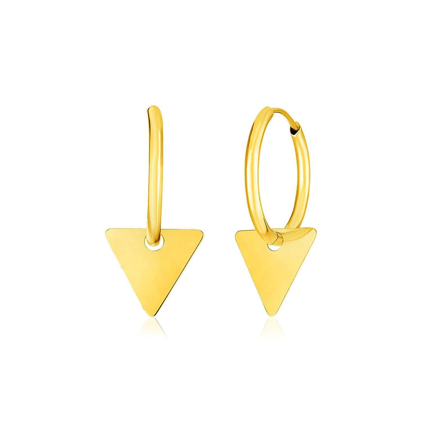 14k Yellow Gold Huggie Style Hoop Earrings with Triangle Drops - Ellie Belle