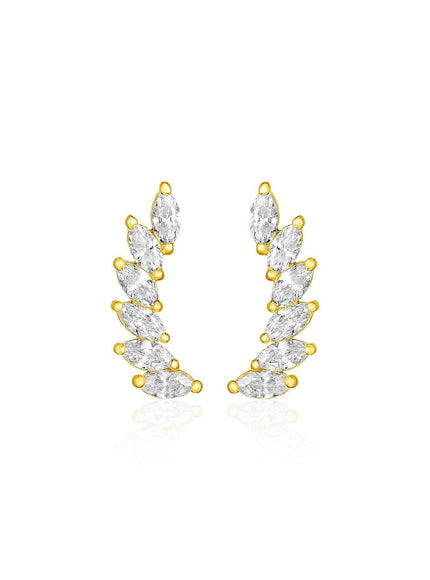 14k Yellow Gold Leaf Motif Climber Post Earrings with Marquise Cubic Zirconias - Ellie Belle