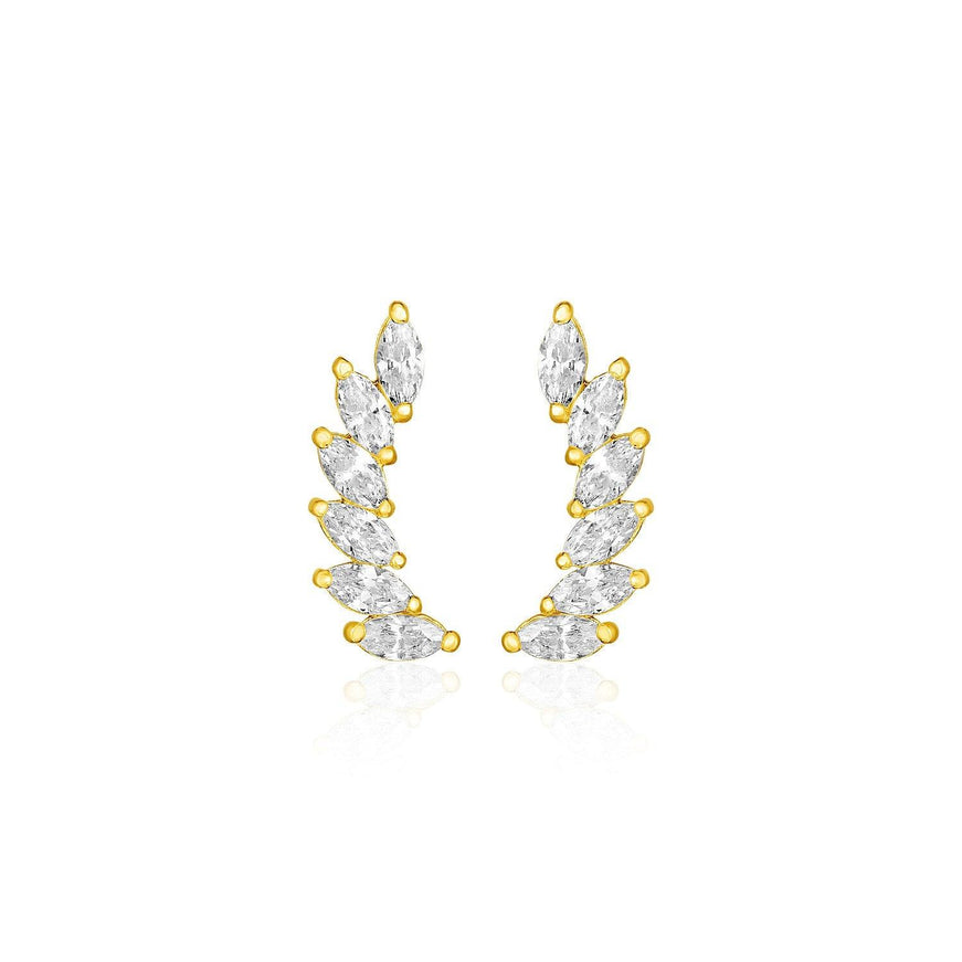 14k Yellow Gold Leaf Motif Climber Post Earrings with Marquise Cubic Zirconias - Ellie Belle