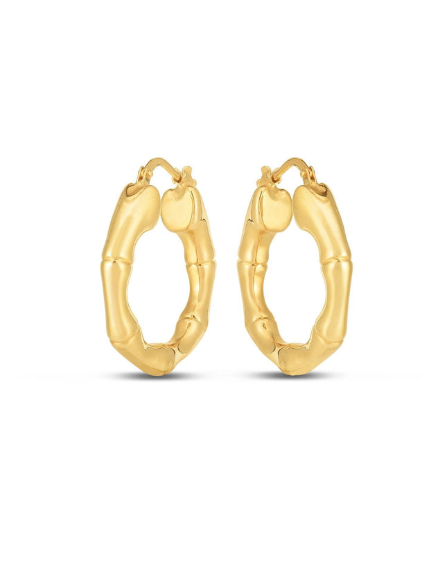 14k Yellow Gold Medium Bamboo Hoop Earrings (25mm) - Ellie Belle
