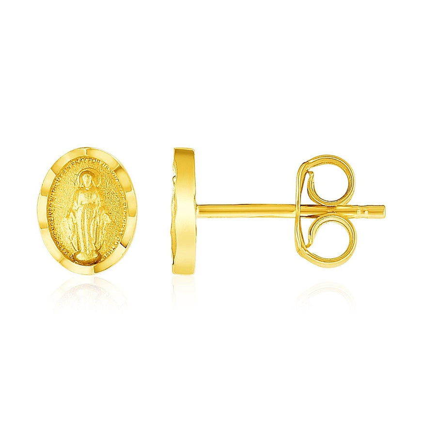 14k Yellow Gold Oval Religious Medallion Post Earrings - Ellie Belle