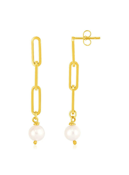 14k Yellow Gold Paperclip Chain Link Earrings with Pearls - Ellie Belle