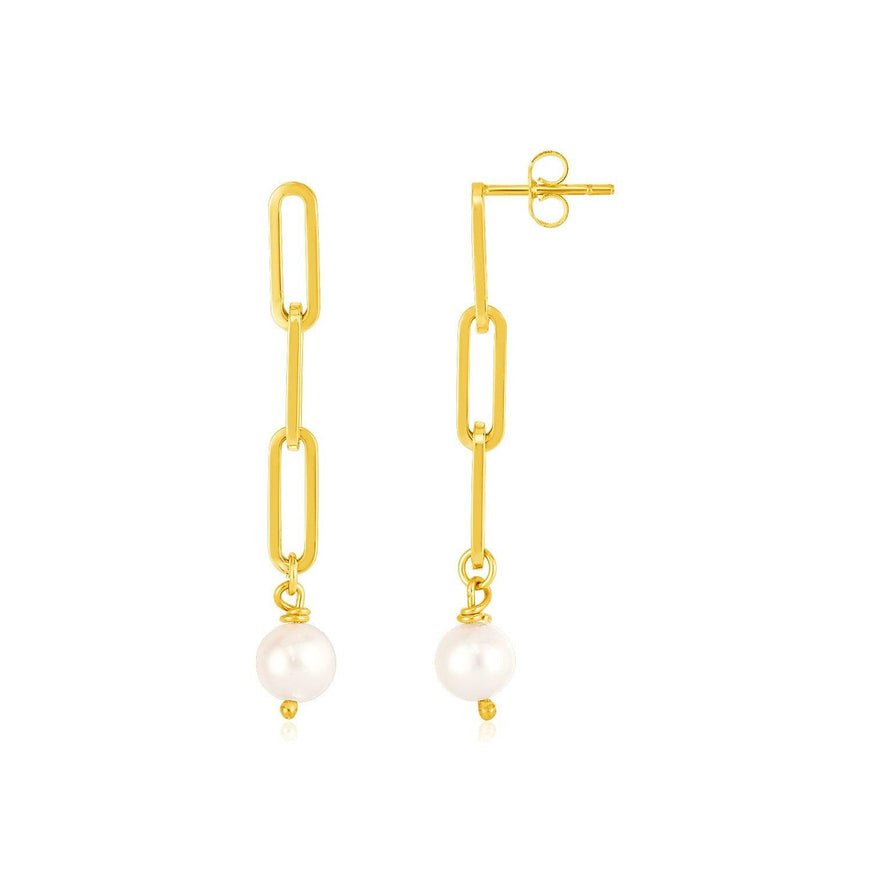 14k Yellow Gold Paperclip Chain Link Earrings with Pearls - Ellie Belle