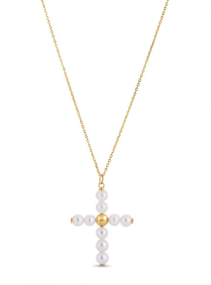 14k Yellow Gold Pearl Cross Pendant - Ellie Belle