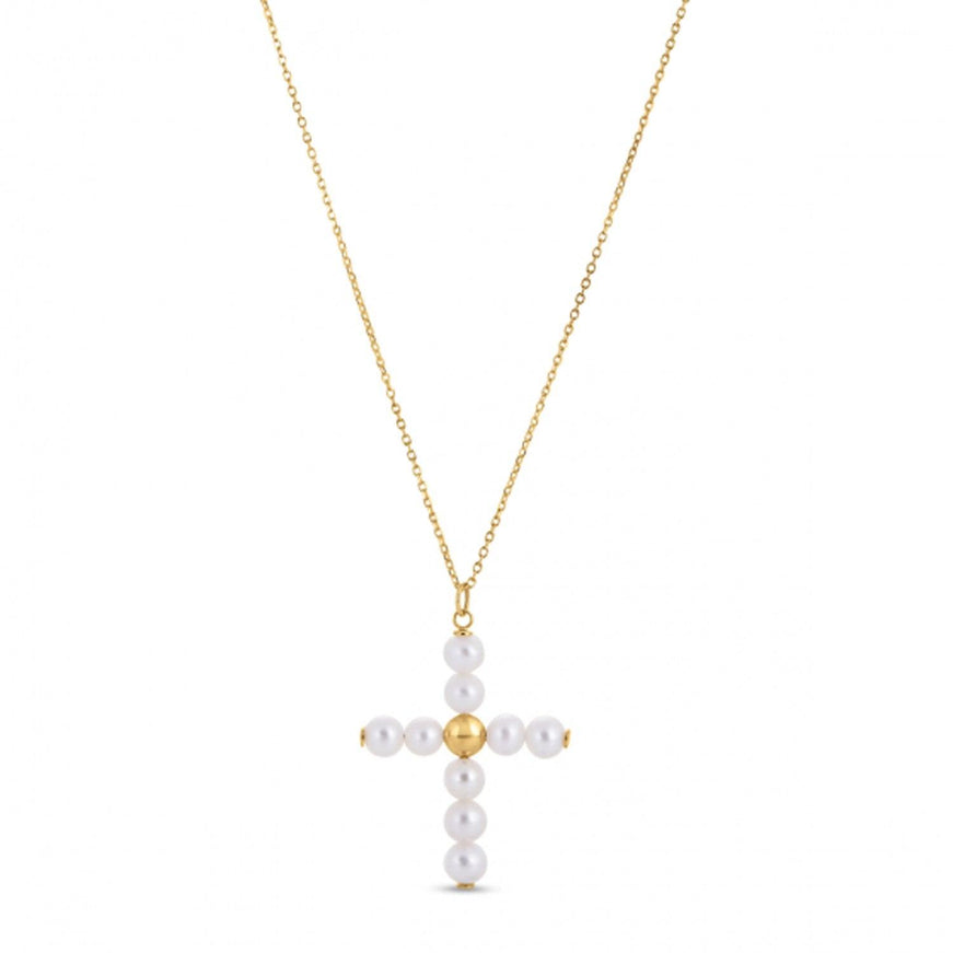 14k Yellow Gold Pearl Cross Pendant - Ellie Belle