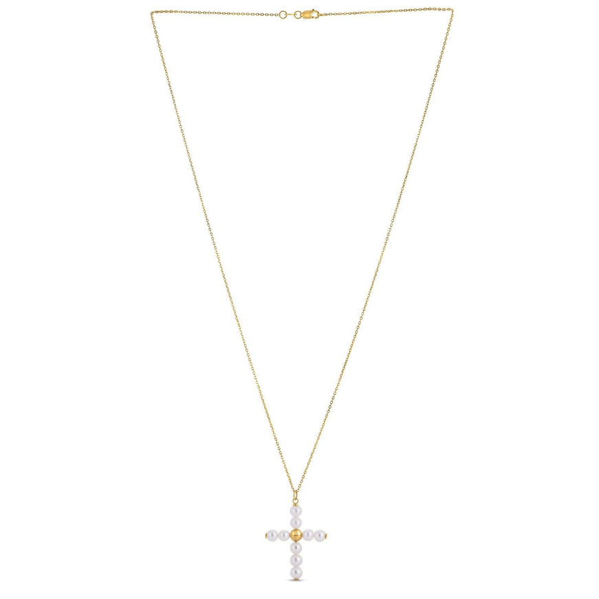 14k Yellow Gold Pearl Cross Pendant - Ellie Belle