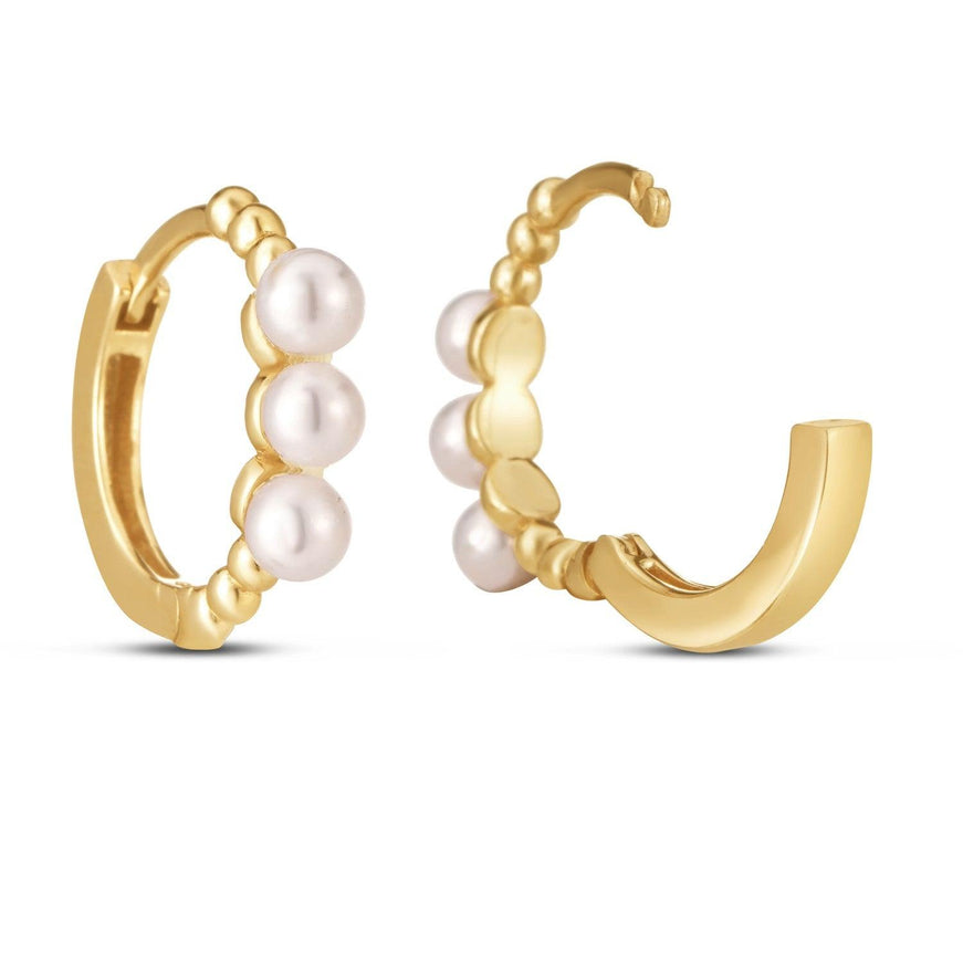 14k Yellow Gold Pearl Huggie Earrings - Ellie Belle