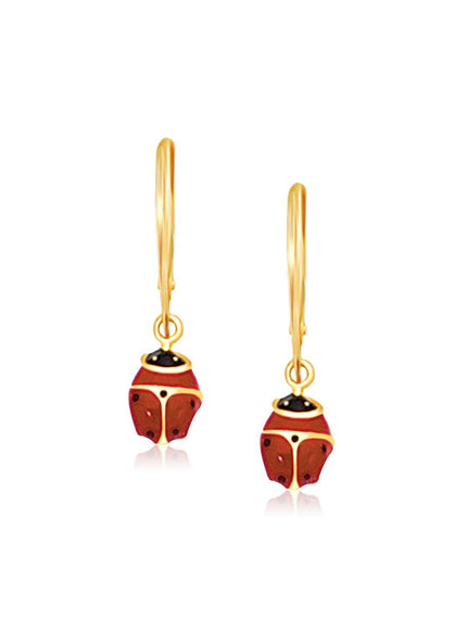 14k Yellow Gold Petite Enamel Lady Bug Drop Earrings - Ellie Belle