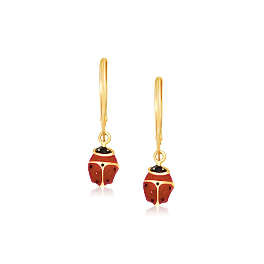 14k Yellow Gold Petite Enamel Lady Bug Drop Earrings - Ellie Belle