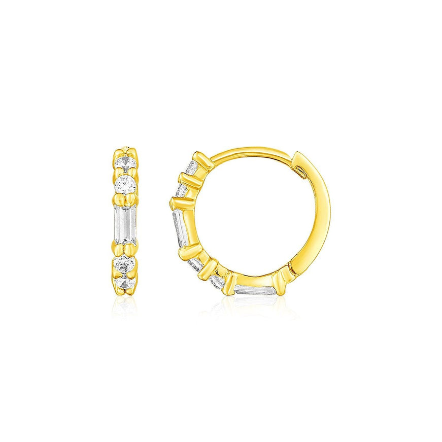 14k Yellow Gold Petite Hoop Earrings with Baguette Cubic Zirconias - Ellie Belle