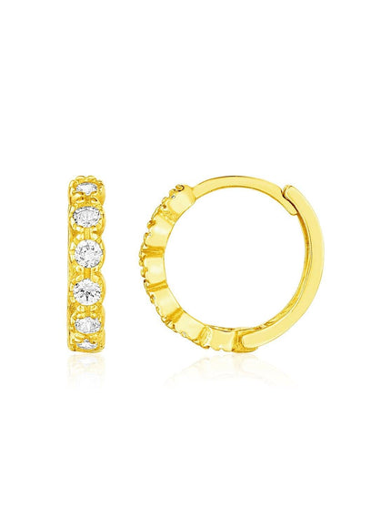 14k Yellow Gold Petite Hoop Earrings with Round Cubic Zirconias - Ellie Belle