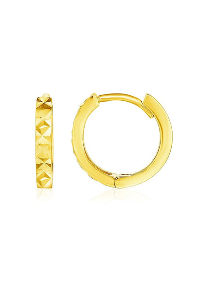 14k Yellow Gold Petite Round Hoop Earrings with Geometric Texture - Ellie Belle