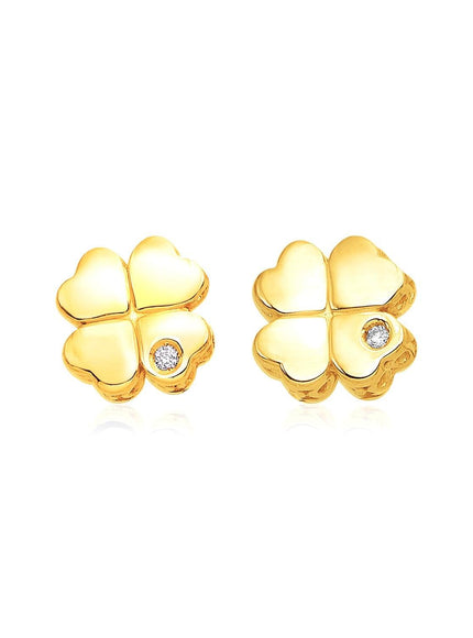 14k Yellow Gold Polished Four Leaf Clover Earrings with Diamonds - Ellie Belle