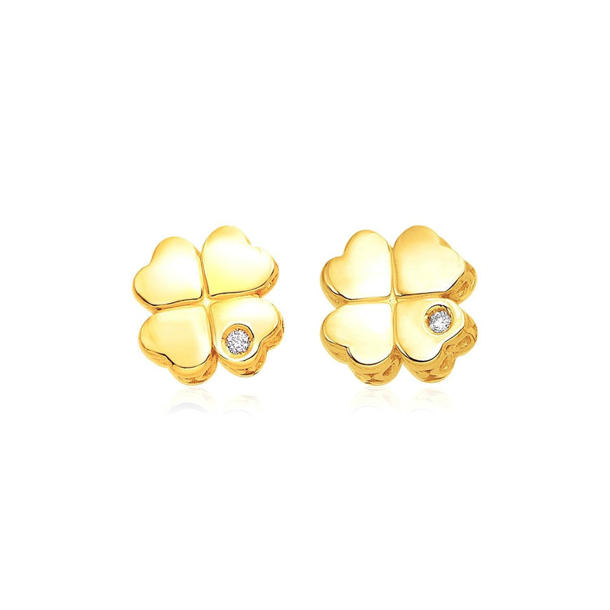 14k Yellow Gold Polished Four Leaf Clover Earrings with Diamonds - Ellie Belle