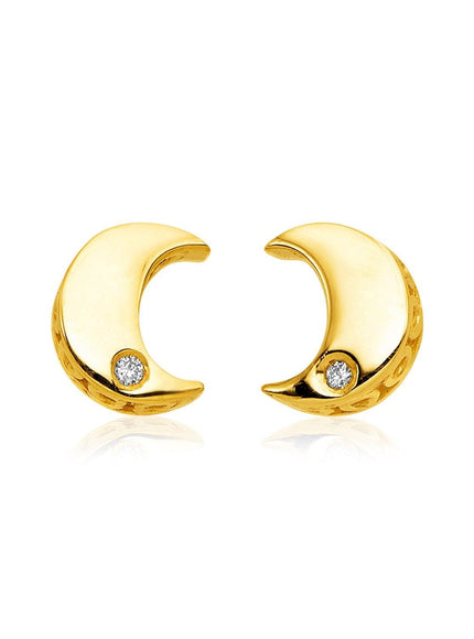 14k Yellow Gold Polished Moon Earrings with Diamonds - Ellie Belle