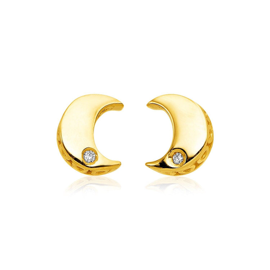 14k Yellow Gold Polished Moon Earrings with Diamonds - Ellie Belle