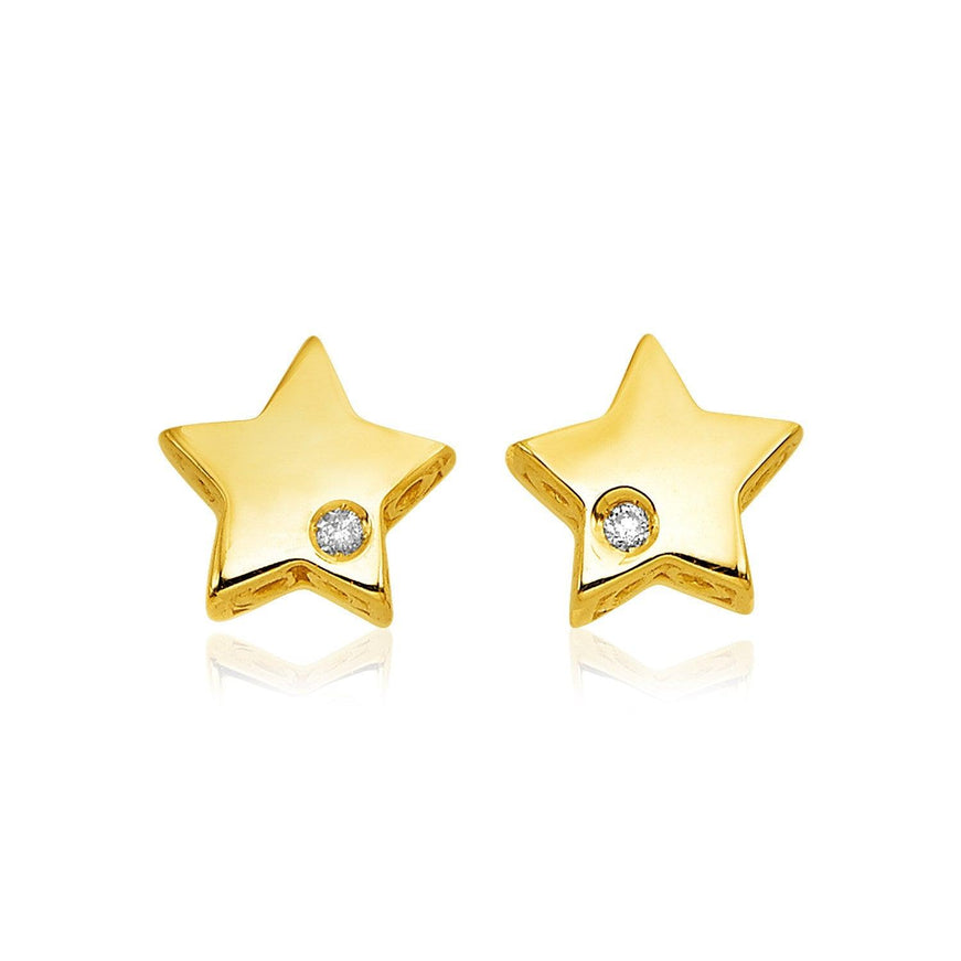 14k Yellow Gold Polished Star Earrings with Diamonds - Ellie Belle