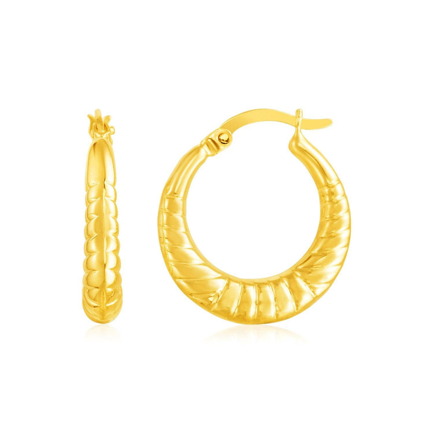 14k Yellow Gold Puffed and Scalloped Hoop Earrings - Ellie Belle