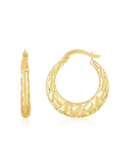 14K Yellow Gold Puffed Checkerboard Hoops - Ellie Belle