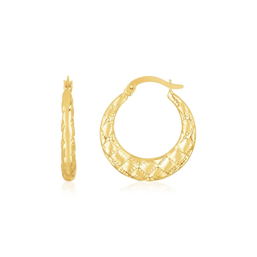 14K Yellow Gold Puffed Checkerboard Hoops - Ellie Belle