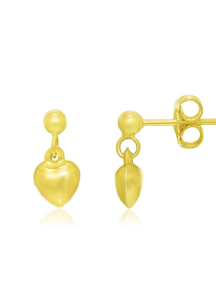 14k Yellow Gold Puffed Heart Children's Dangling Earrings - Ellie Belle