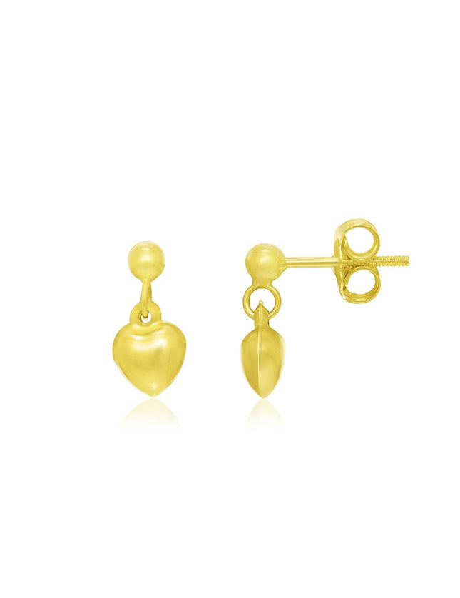 14k Yellow Gold Puffed Heart Children's Dangling Earrings - Ellie Belle