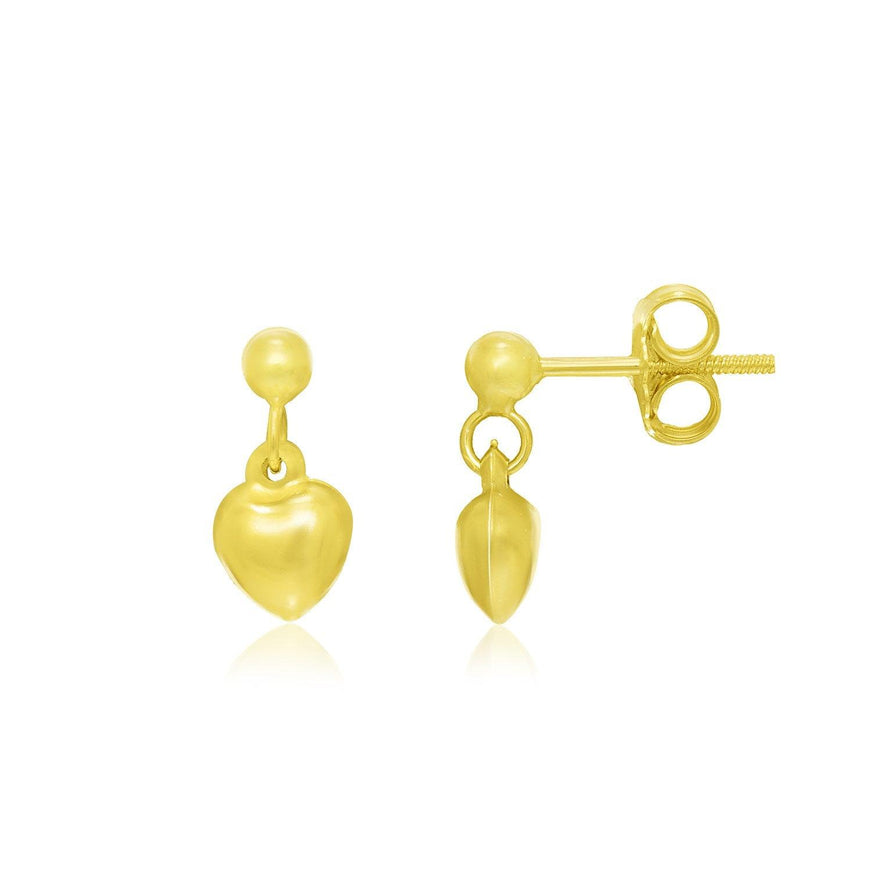 14k Yellow Gold Puffed Heart Children's Dangling Earrings - Ellie Belle