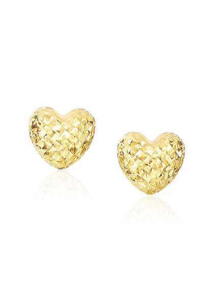 14k Yellow Gold Puffed Heart Earrings with Diamond Cuts - Ellie Belle