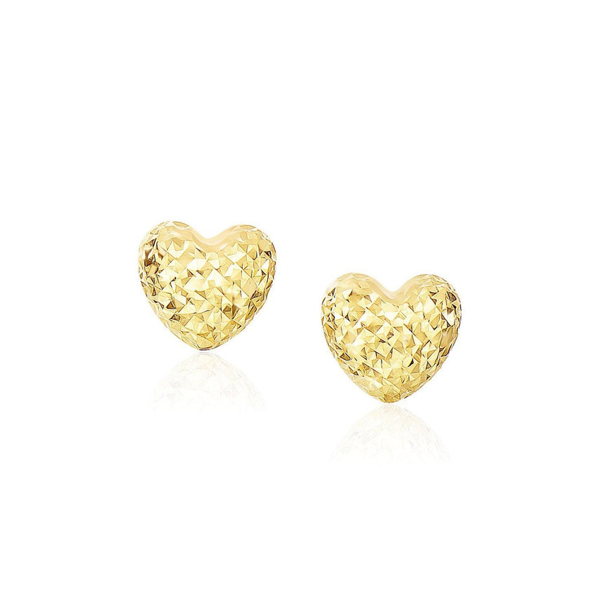 14k Yellow Gold Puffed Heart Earrings with Diamond Cuts - Ellie Belle