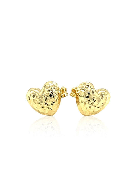 14k Yellow Gold Puffed Heart Earrings with Diamond Cuts - Ellie Belle