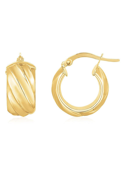 14K Yellow Gold Ribbed Hoop Earrings Wide - Ellie Belle