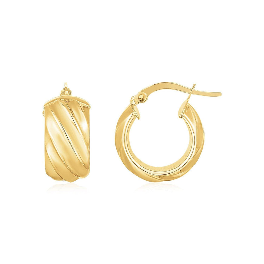 14K Yellow Gold Ribbed Hoop Earrings Wide - Ellie Belle