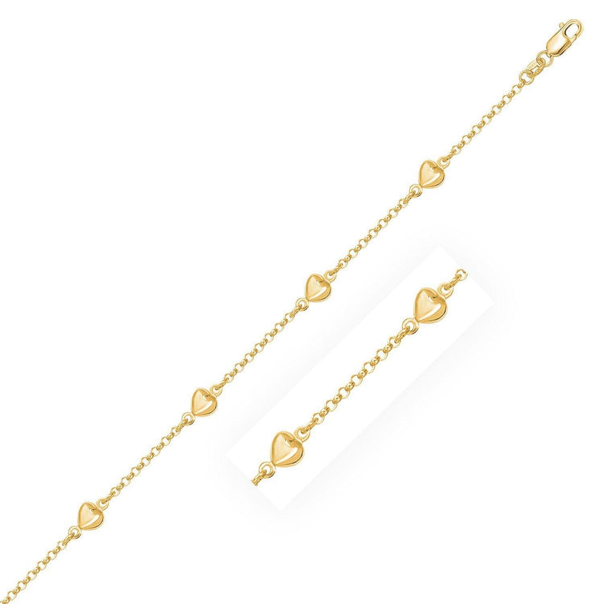 14k Yellow Gold Rolo Chain Bracelet with Puffed Heart Stations - Ellie Belle