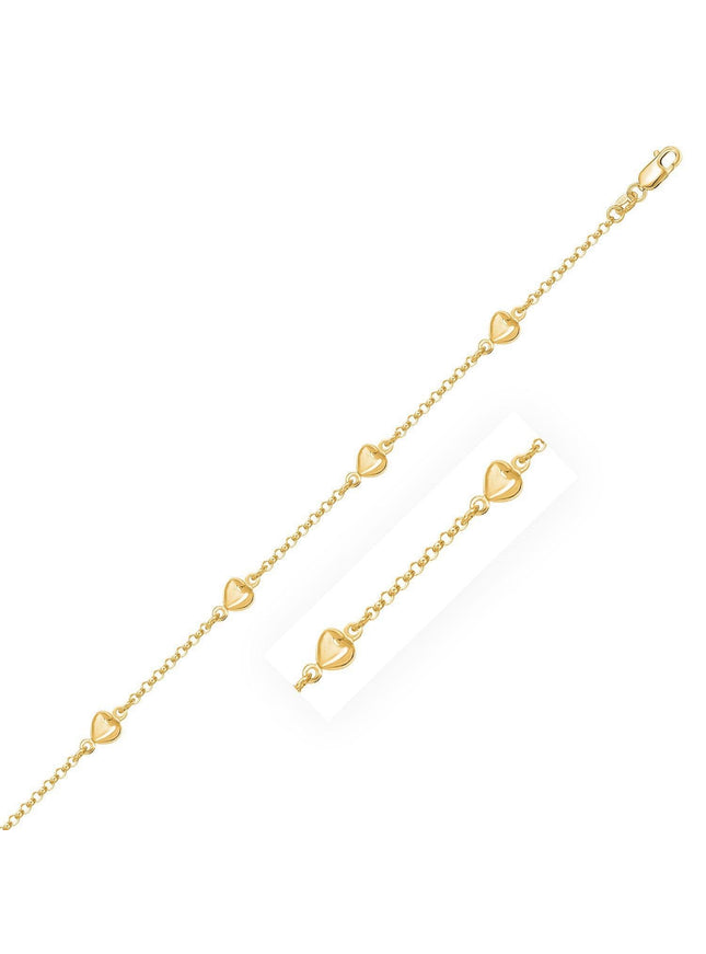 14k Yellow Gold Rolo Chain Bracelet with Puffed Heart Stations - Ellie Belle