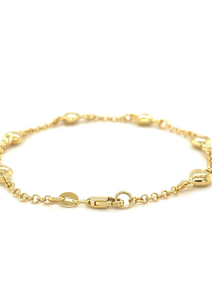 14k Yellow Gold Rolo Chain Bracelet with Puffed Heart Stations - Ellie Belle