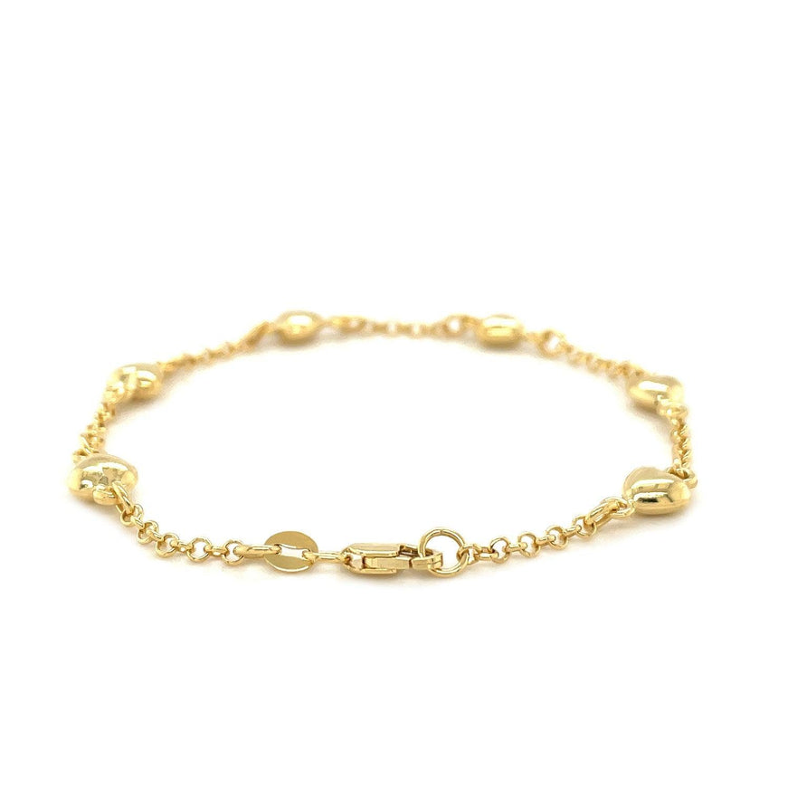 14k Yellow Gold Rolo Chain Bracelet with Puffed Heart Stations - Ellie Belle