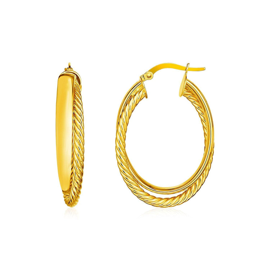 14k Yellow Gold Two Part Textured Twisted Oval Hoop Earrings - Ellie Belle