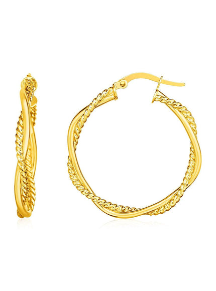 14k Yellow Gold Two Part Textured Twisted Round Hoop Earrings - Ellie Belle