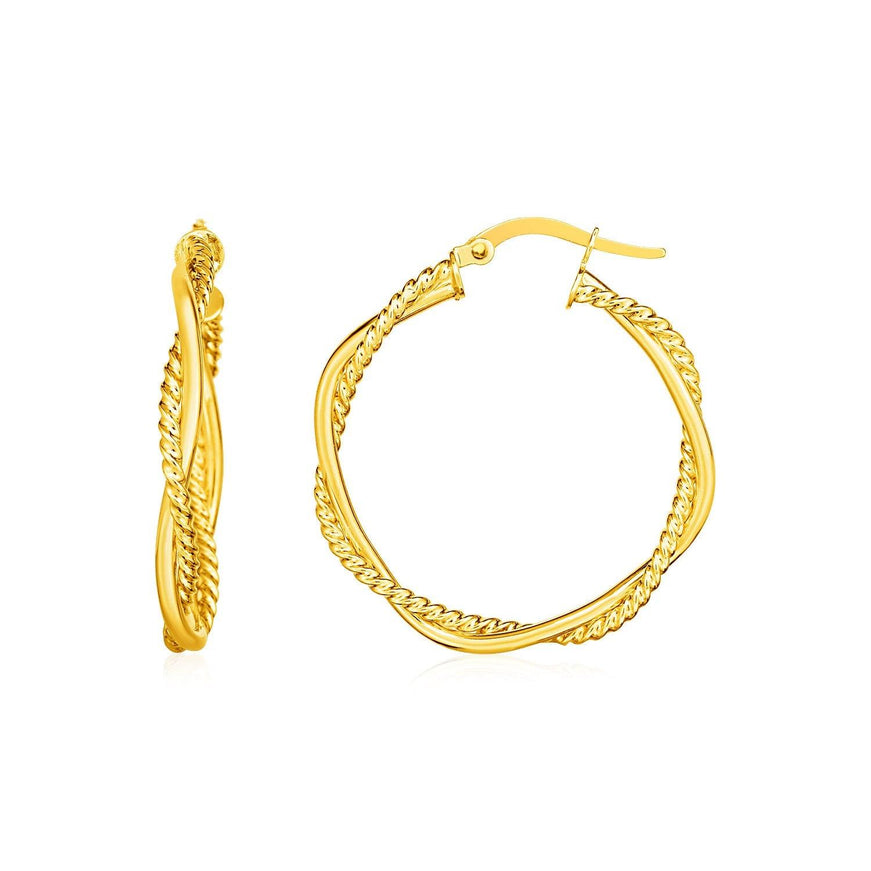 14k Yellow Gold Two Part Textured Twisted Round Hoop Earrings - Ellie Belle