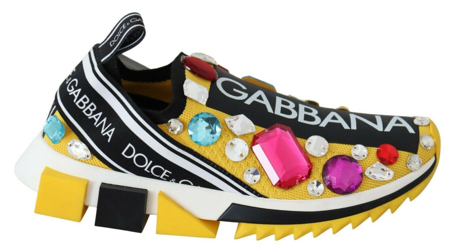 a pair of shoes with colorful stones on them