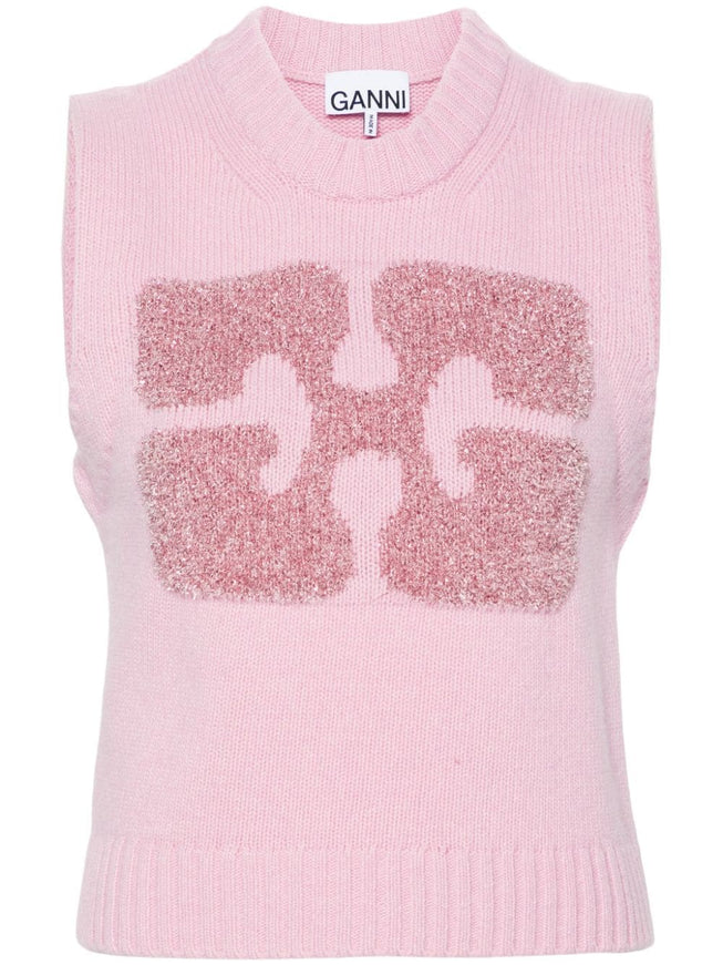 Ganni Pink Logo Vest In Wool