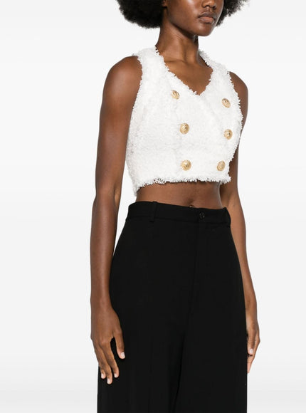 Balmain Sleeveless Tweed Crop Top In White