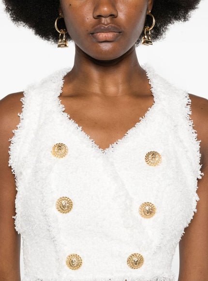 Balmain Sleeveless Tweed Crop Top In White