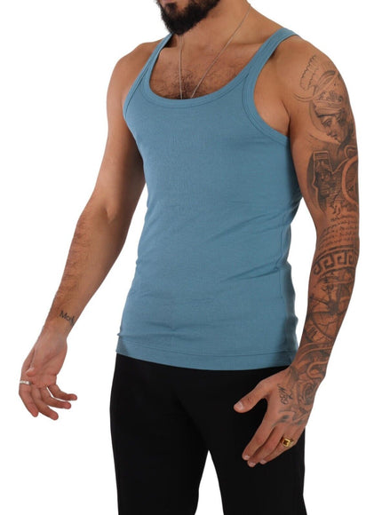 a man with a beard wearing a blue tank top