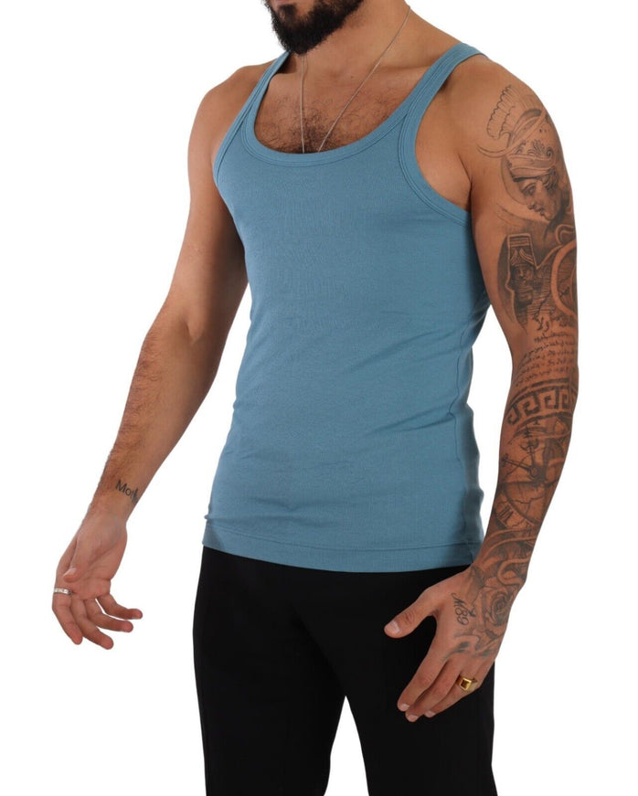 a man with a beard wearing a blue tank top